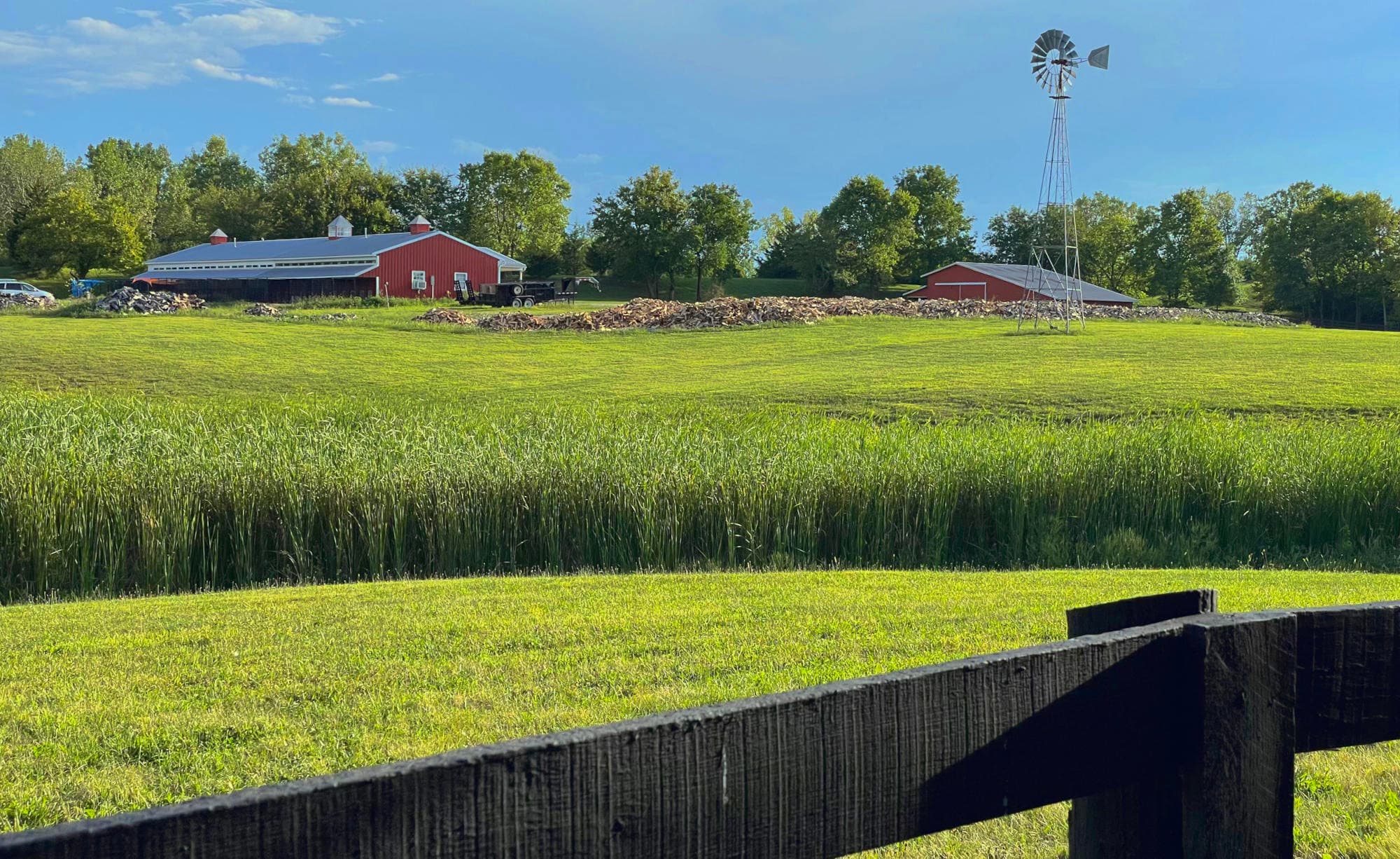 Happy Tails farm, boarding facilities, green fields, and windmill